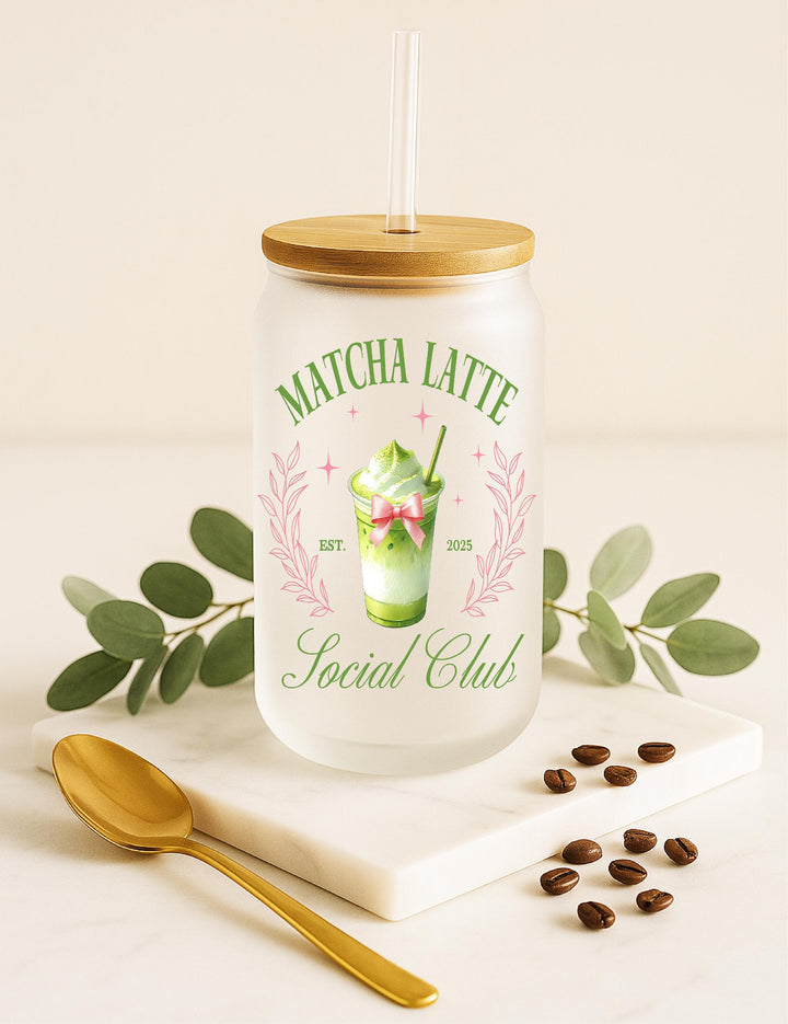Matcha Latte Social Club Frosted Glass Cup with Bamboo Lid and Straw