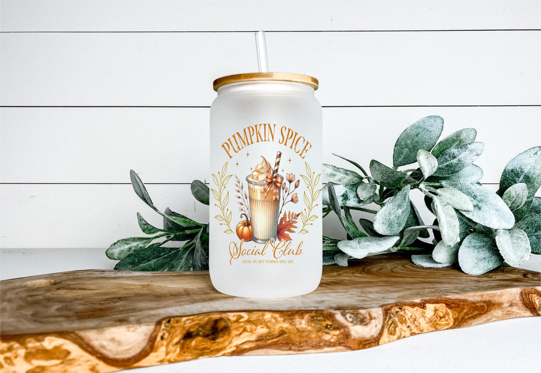 Pumpkin Spice Social Club Frosted Glass Cup with Straw