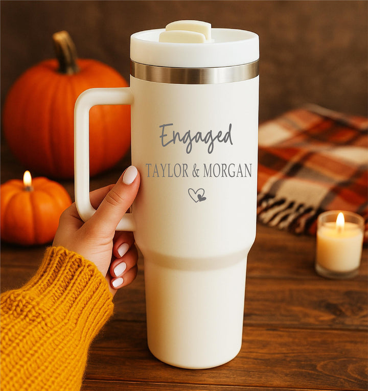 Personalized Engaged Tumbler – Custom Couples Cup, Bridal Shower or Engagement Party Gift cup