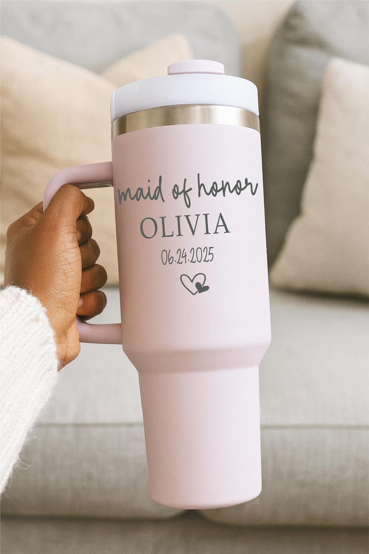 Maid of Honor Tumbler – Personalized Wedding Party Gift with Custom Name &amp; Date, Bridal Shower or Bachelorette Cup
