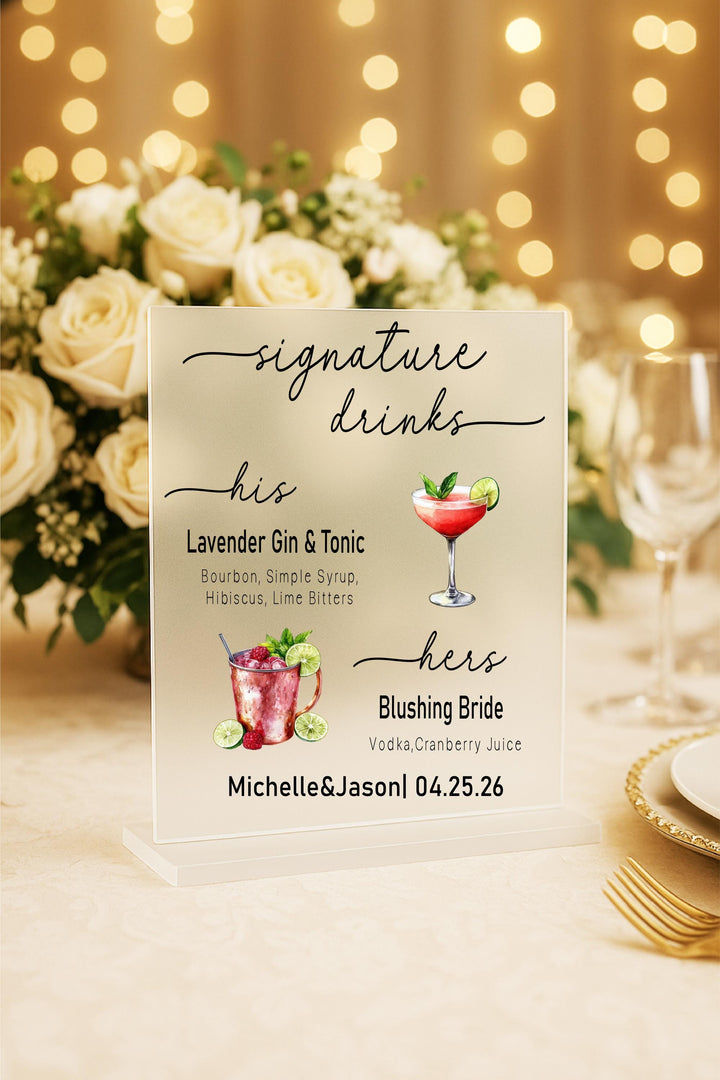 Custom His &amp; Hers Cocktail Bar Menu, Acrylic Reception D&#233;cor, Modern Wedding Drink Sign