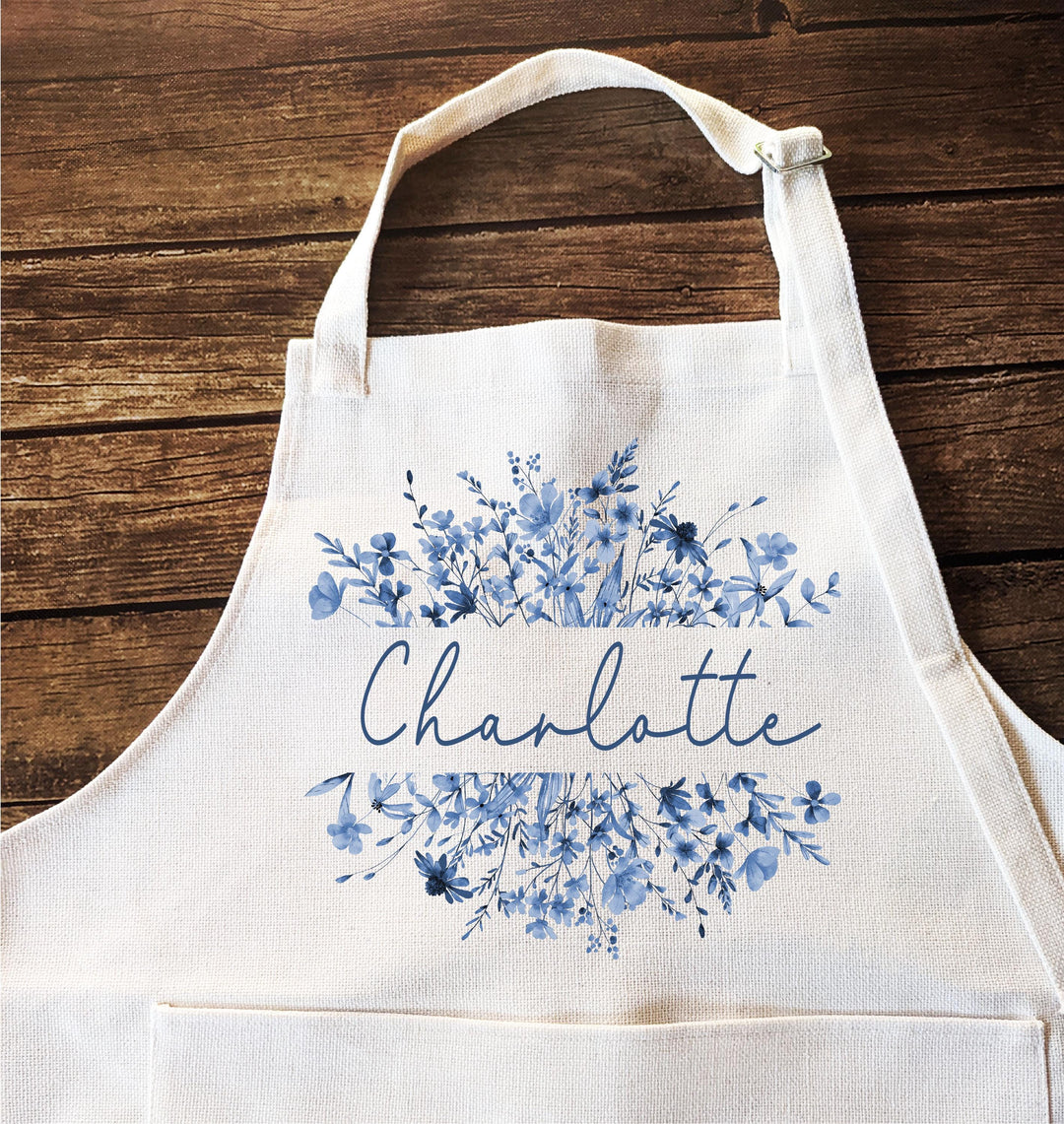 Personalized Floral Apron with Name | Custom Kitchen Apron with Pockets | Gift for Mom, Women, Baking, Cooking, Gardening