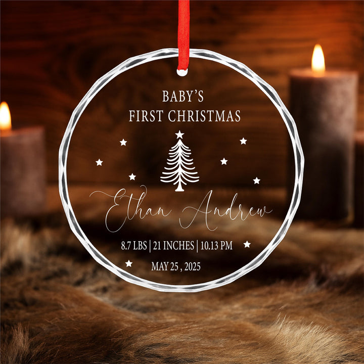 Custom Newborn Birth Stats Keepsake | Engraved glass Holiday Tree Decoration