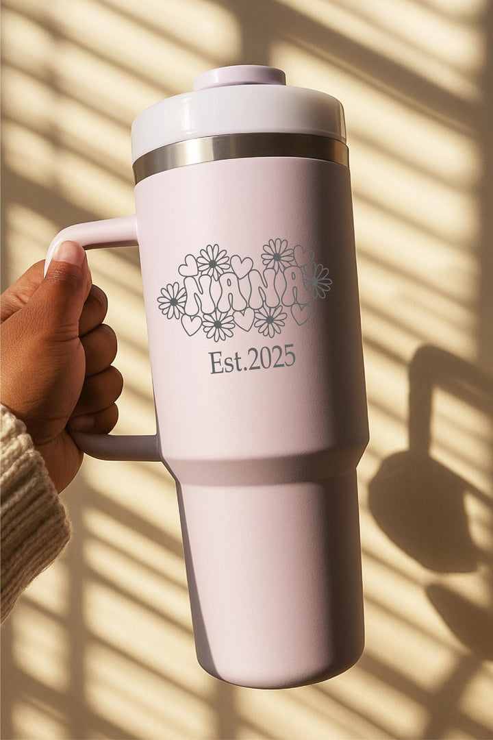 Custom “Nana Est. 2025” Travel Mug, New Grandma Gift, Baby Announcement or Grandparent Reveal Cup
