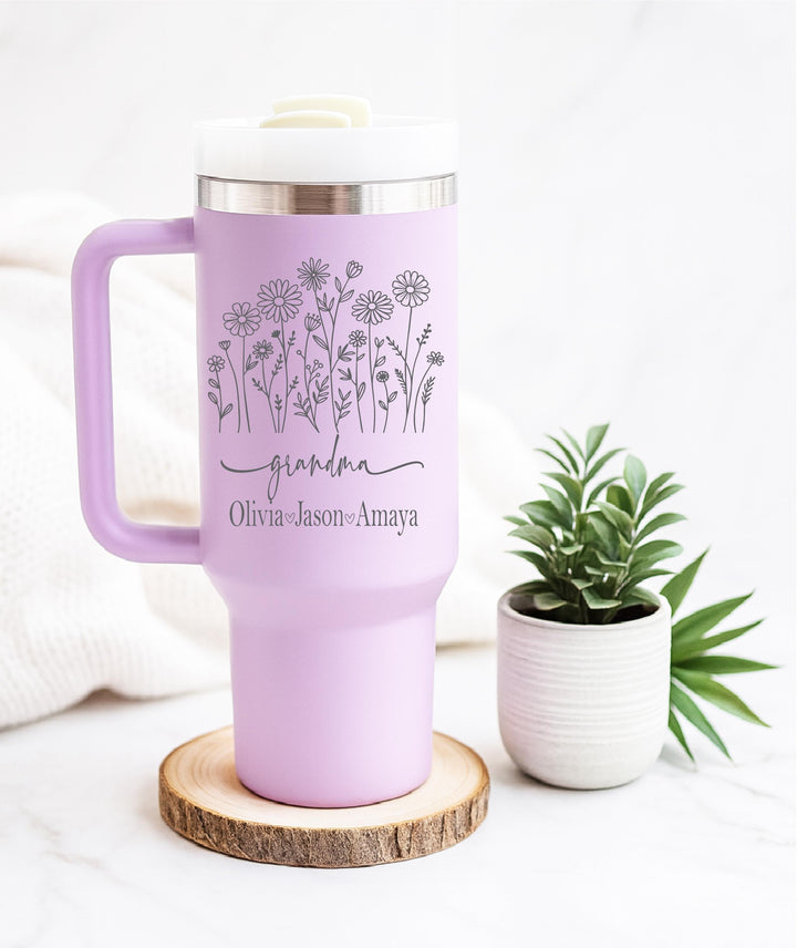 Personalized Grandma Tumbler Floral Handled Mug with Grandkids’ Names, Custom Gift for New Grandmother, Birthday or Mother’s Day Present