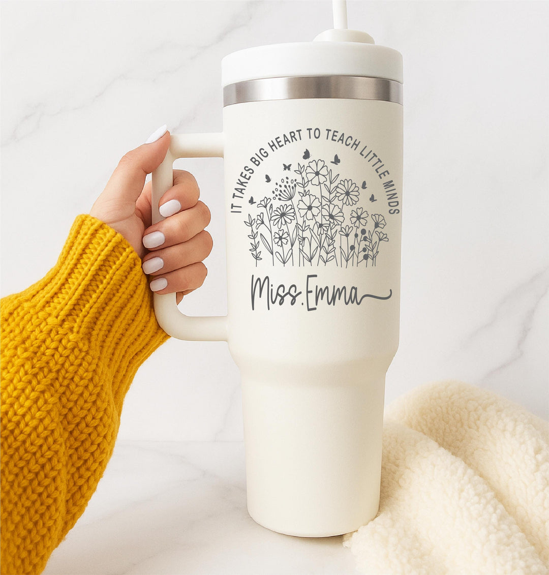 Big Heart to Teach Minds Custom Teacher Appreciation Gift Personalized Teacher Tumbler – 40oz Floral Handled Mug with Name,