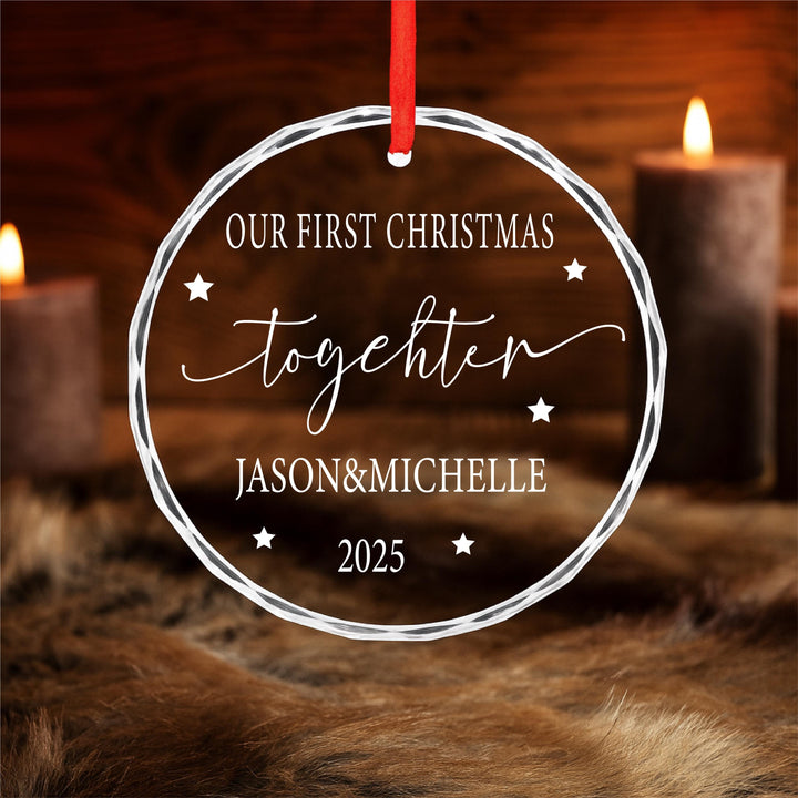 Our First Christmas Glass Ornament – Personalized Heart Ornament with Couple Names &amp; Year, Newlywed Wedding or Engagement Gift