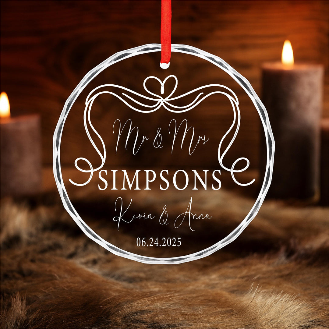 Personalized Mr & Mrs Glass Ornament – Engraved Wedding Gift
