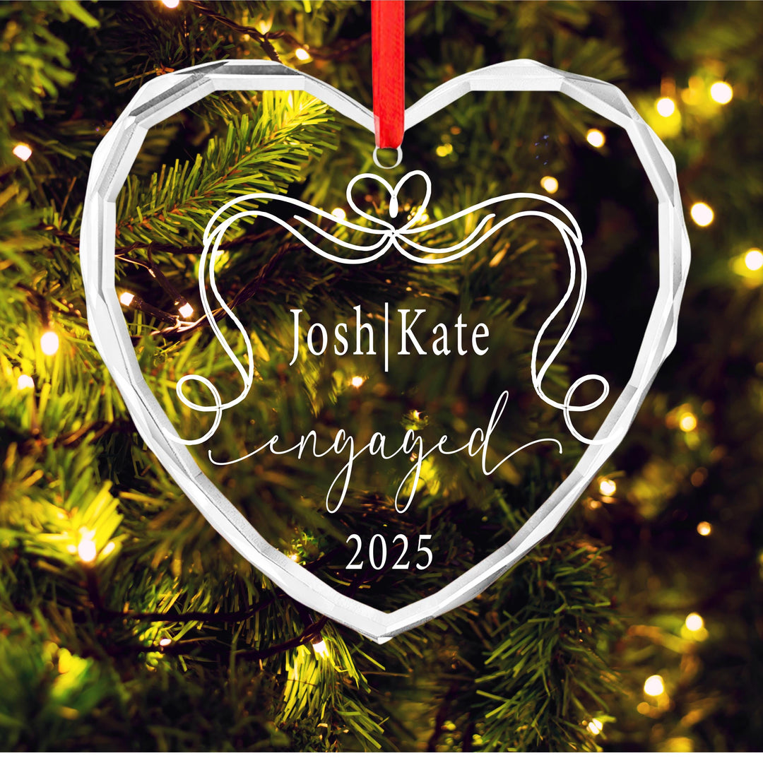 Personalized Engagement Ornament – Heart Glass, Custom Wedding Gift