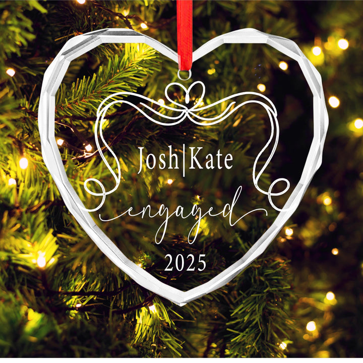Personalized Engagement Ornament – Heart Glass, Custom Wedding Gift