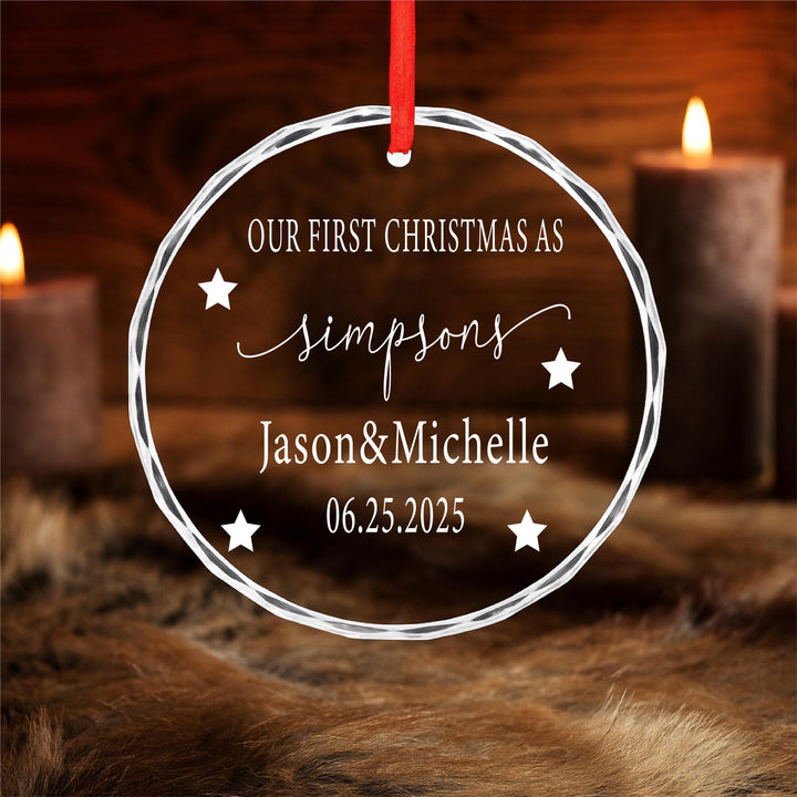 Our First Christmas Married Ornament – Personalized Heart Glass Ornament with Last Name, Couple Names &amp; Date, Newlywed Holiday Gift