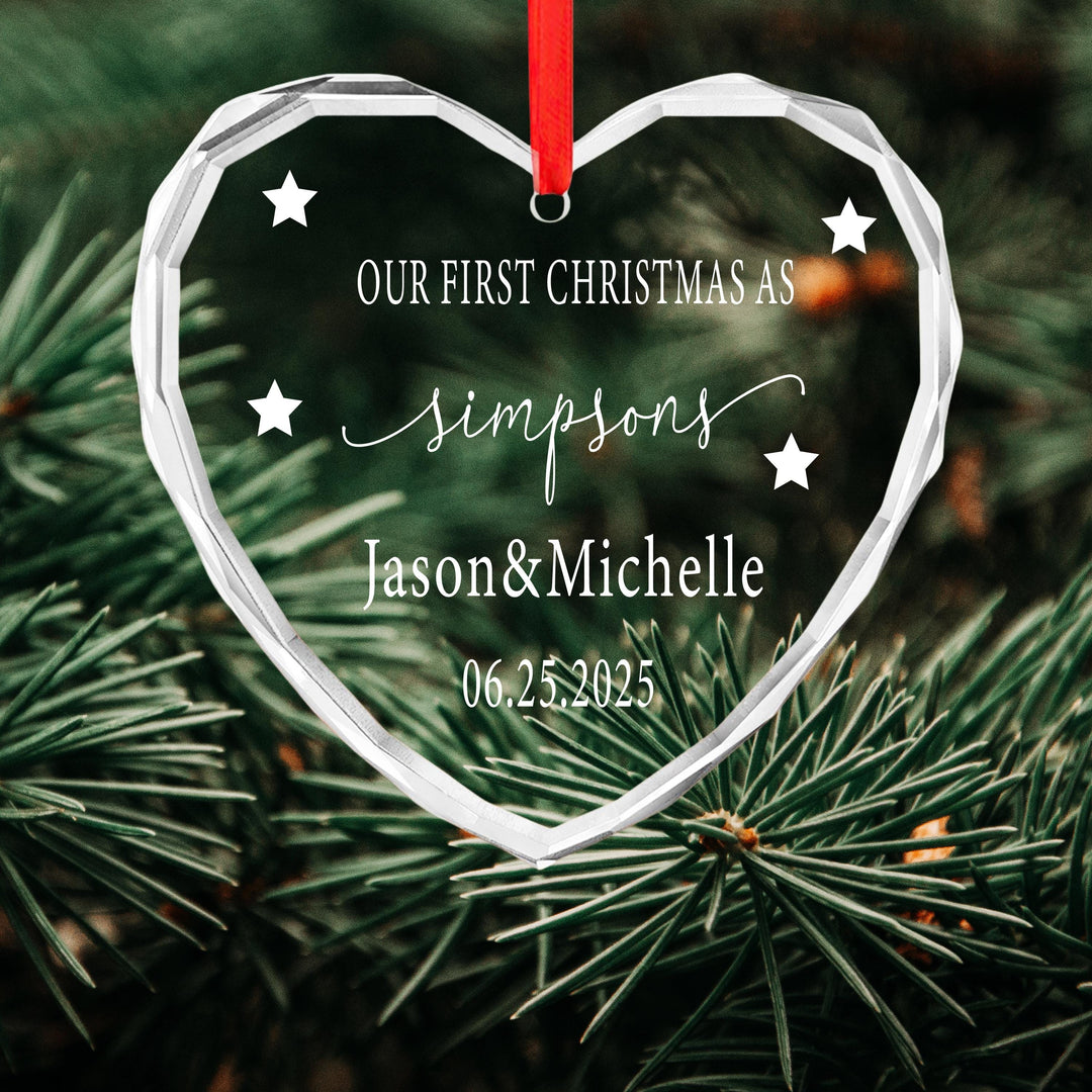 Our First Christmas Married Ornament – Personalized Heart Glass Ornament with Last Name, Couple Names &amp; Date, Newlywed Holiday Gift