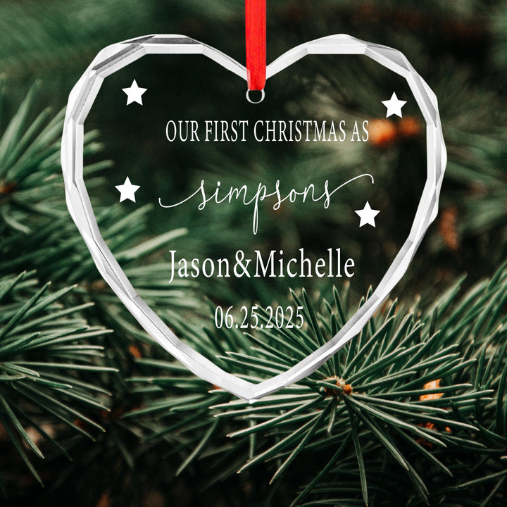 Our First Christmas Married Ornament – Personalized Heart Glass Ornament with Last Name, Couple Names &amp; Date, Newlywed Holiday Gift