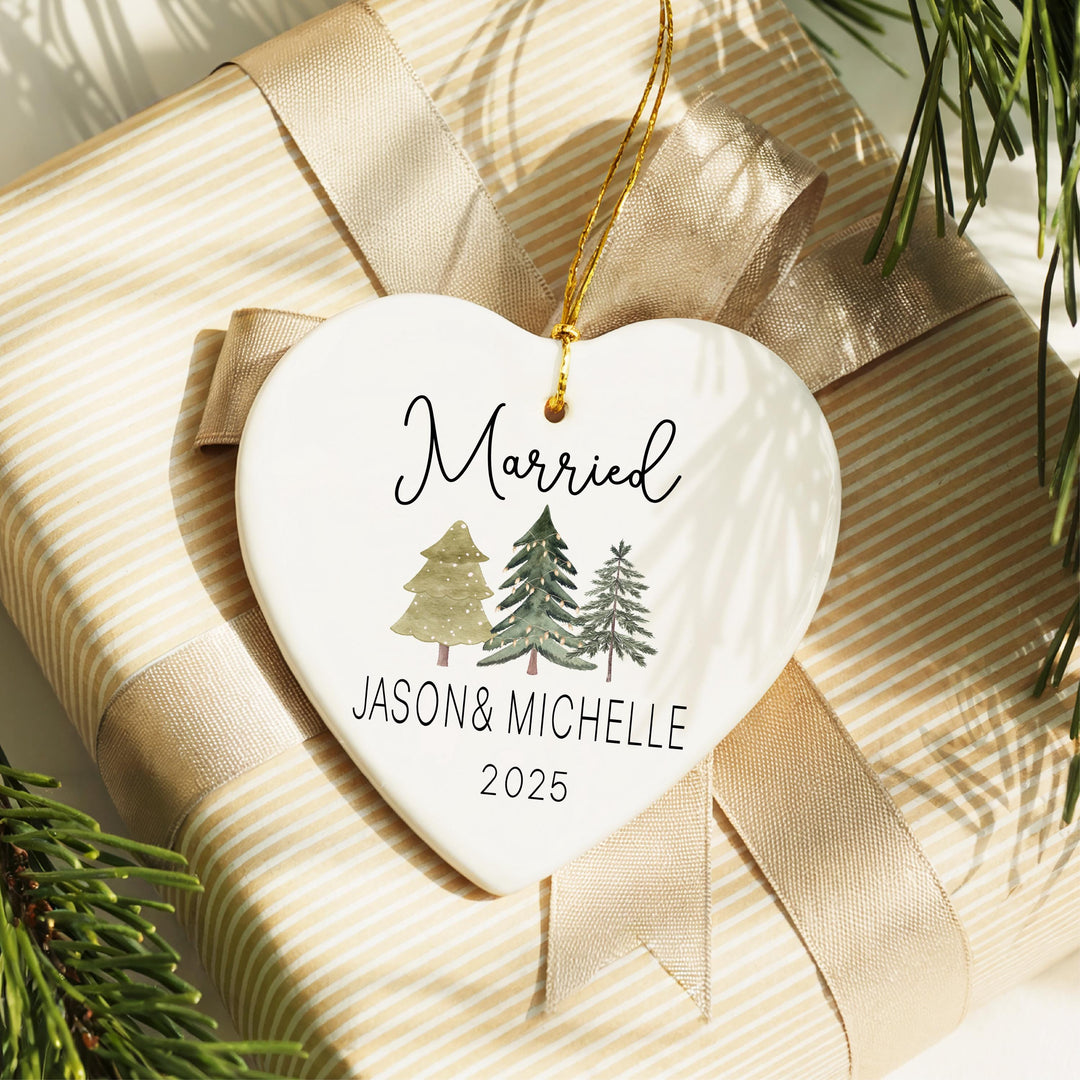 Personalized Heart Ceramic Married Christmas Ornament – Newlywed Keepsake
