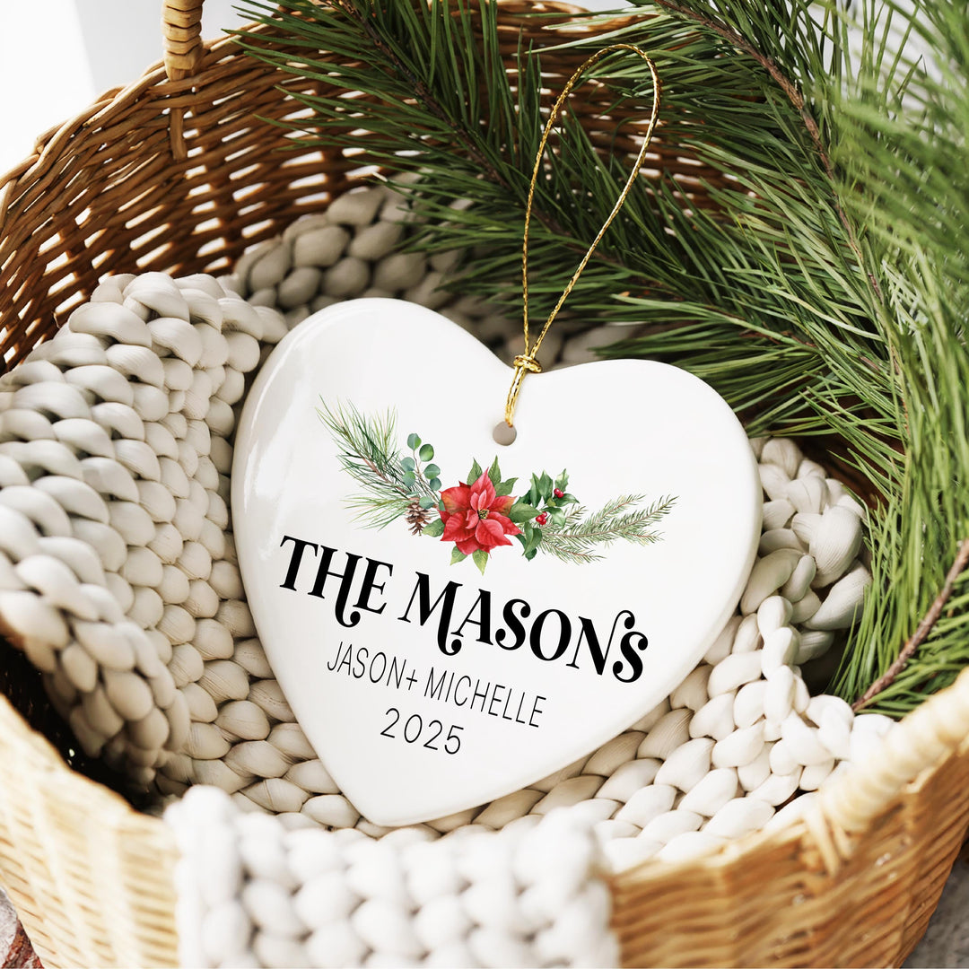 Married Christmas Ornament – Personalized Heart Ceramic Ornament with Last Name, Couple Names &amp; Year, Newlywed Holiday Keepsake Gift