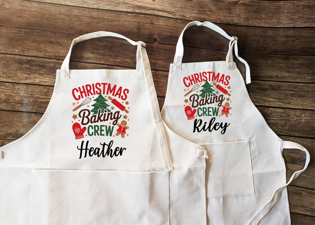 Matching Family Christmas Baking Aprons | Holiday Baking Crew Apron Set | Personalized Name Aprons for Kids &amp; Adults | Group Baking Gift