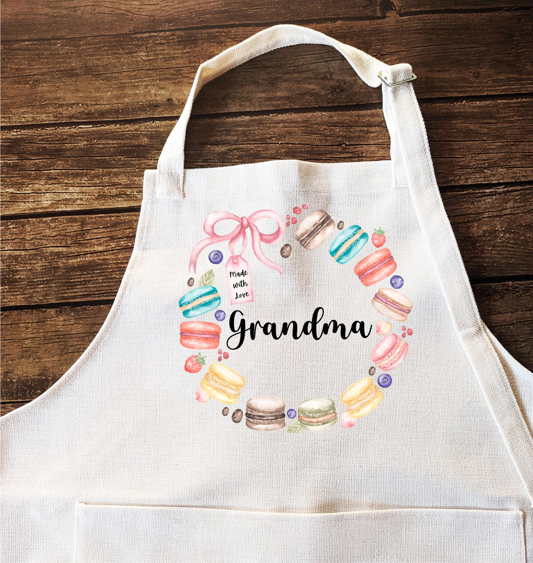 Personalized Macaron Wreath Apron with Name | Baking &amp; Cooking Gift for Nana, Kids, Mother’s Day or Birthday