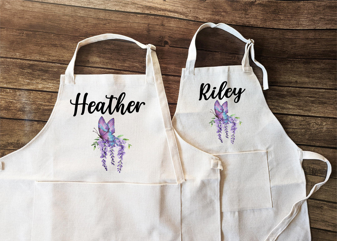 Personalized Butterfly Aprons | Matching Mom&nbsp;Me or Grandma &amp; Me Apron Set | Custom Name Kitchen, Baking, or Cooking Gift for Women&nbsp;Kids