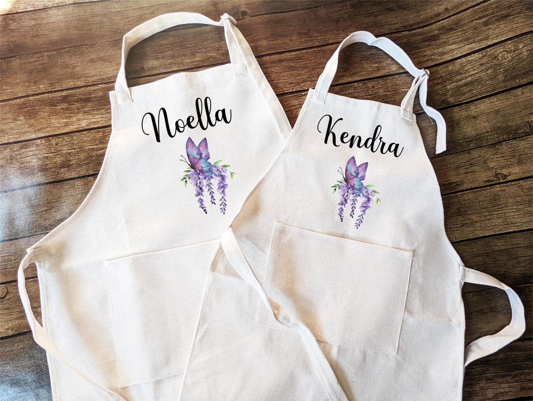 Personalized Butterfly Aprons | Matching Mom&nbsp;Me or Grandma &amp; Me Apron Set | Custom Name Kitchen, Baking, or Cooking Gift for Women&nbsp;Kids