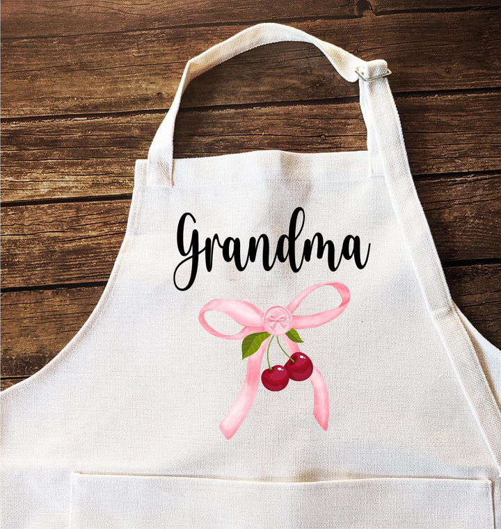 Personalized Cherry Aprons | Custom Name Apron with Bow | Baking &amp; Cooking Gift for Grandma, Mom, Nana, Kids, Mother’s Day or Birthday