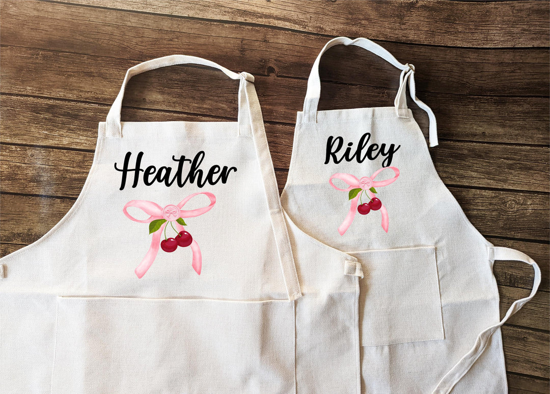 Personalized Cherry Aprons | Custom Name Apron with Bow | Baking &amp; Cooking Gift for Grandma, Mom, Nana, Kids, Mother’s Day or Birthday