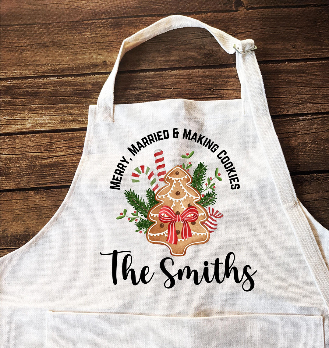 Merry Married &amp; Making Cookies” Holiday Apron Personalized First Christmas Gift for Couples or Mr and Mrs