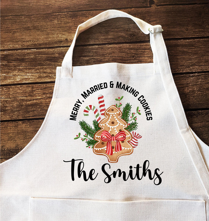 Merry Married &amp; Making Cookies” Holiday Apron Personalized First Christmas Gift for Couples or Mr and Mrs