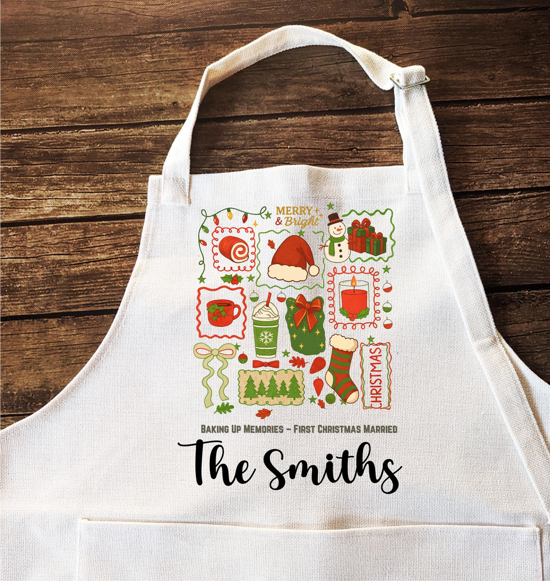 Personalized First Christmas Married Apron&nbsp;Matching Newlywed Holiday Aprons | Custom Couple Baking Gift | Mr &amp; Mrs Christmas Kitchen