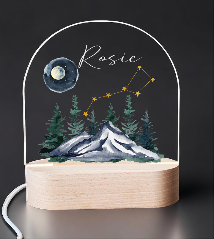 Personalized Kids Night Light – Custom Name Nursery Lamp with Mountain and Constellation Design, Woodland Bedroom Decor