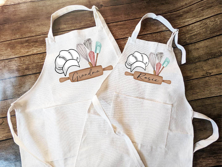 Custom Grandma and Kids Aprons with Rolling Pin and Utensils, Matching Kitchen Gift for Women Personalized Baking Apron