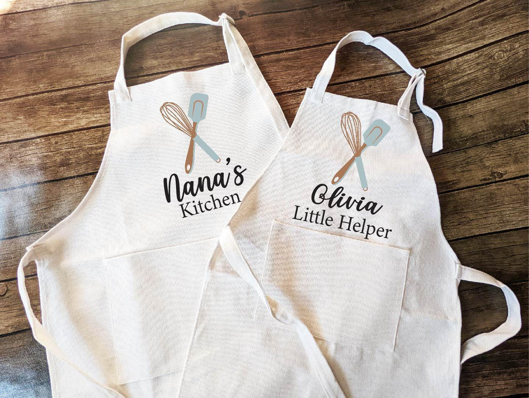 Personalized cooking Apron – Custom Grandma and Kids Aprons with Whisk and Spatula Design, Matching Kitchen Gift for Women