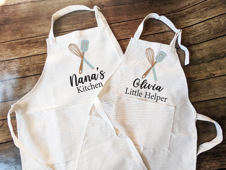 Personalized cooking Apron – Custom Grandma and Kids Aprons with Whisk and Spatula Design, Matching Kitchen Gift for Women