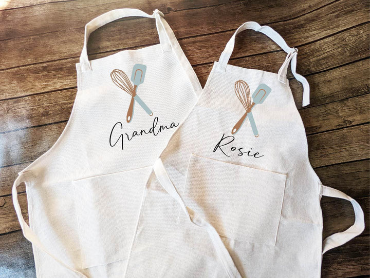 Personalized cooking Apron – Custom Grandma and Kids Aprons with Whisk and Spatula Design, Matching Kitchen Gift for Women