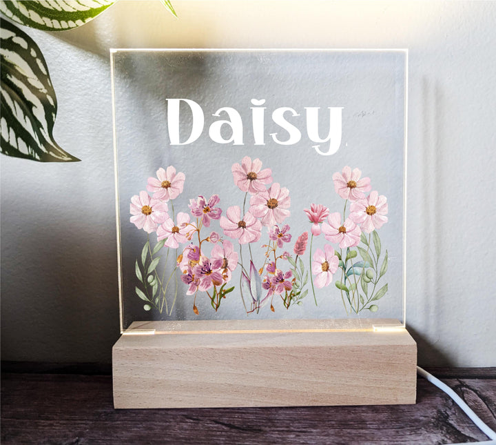 Personalized Floral LED Night Light • Custom Girls Bedroom Lamp • Baby Shower Gift • Birthday or Holiday Keepsake for Kids