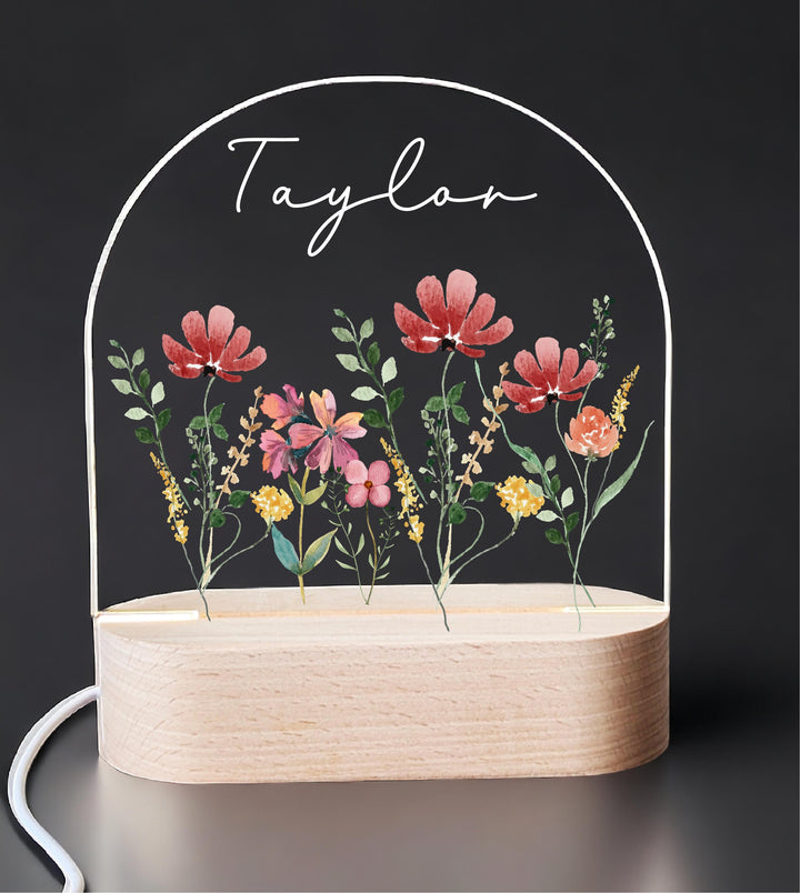 Personalized Floral Night Light, Custom Name, Kids Birthday Gift