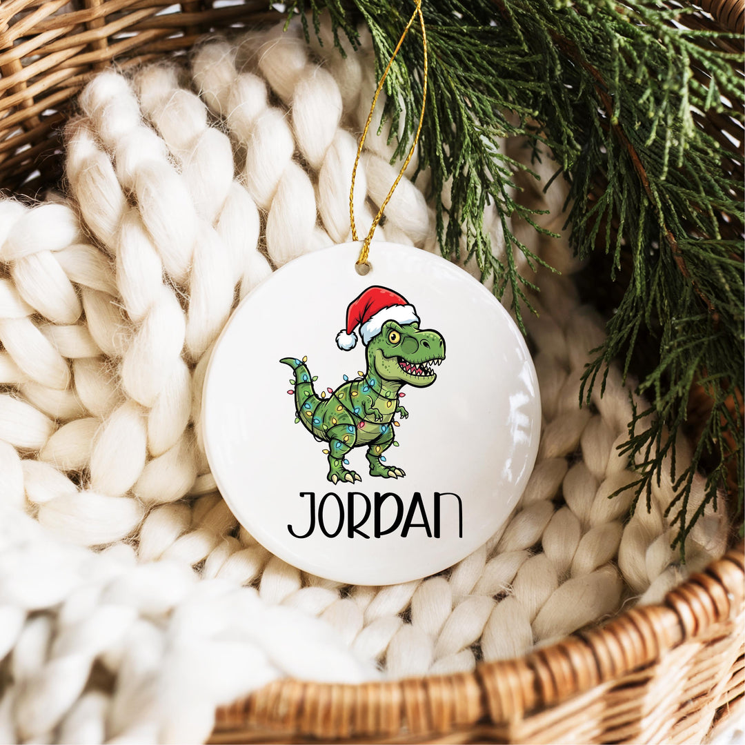 Personalized Dinosaur Ornament – Kids Christmas Ornament, Cute T-Rex with Santa Hat, Custom Name Gift for Boys, Holiday Tree D&#233;cor