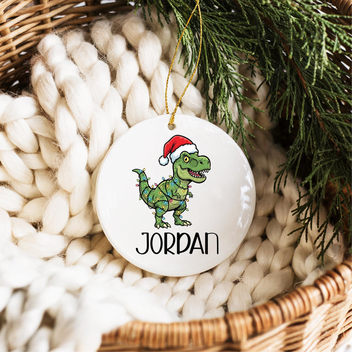 Personalized Dinosaur Ornament – Kids Christmas Ornament, Cute T-Rex with Santa Hat, Custom Name Gift for Boys, Holiday Tree D&#233;cor