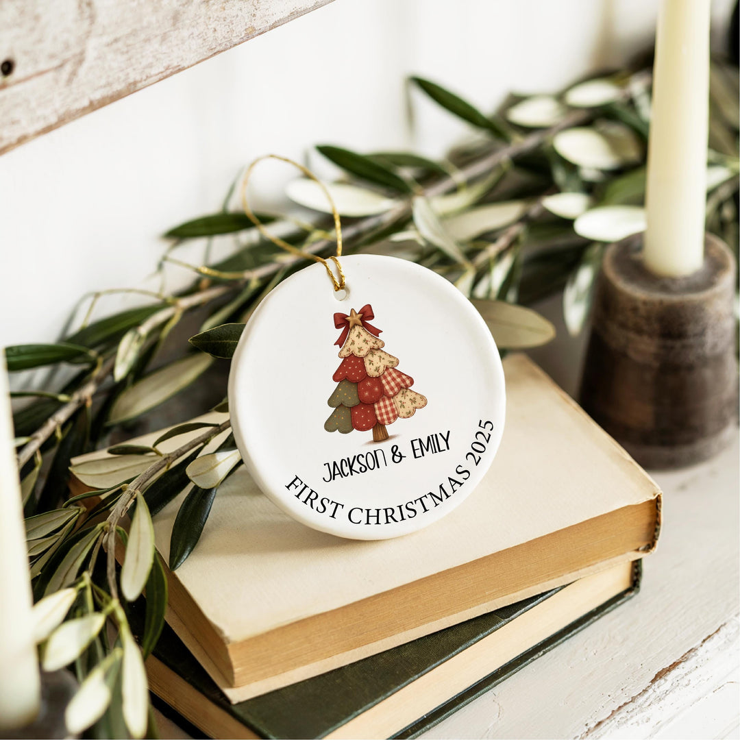 First Christmas Married Ornament 2025 – Personalized Couple Ornament, Rustic Patchwork Tree, Custom Name Holiday Keepsake