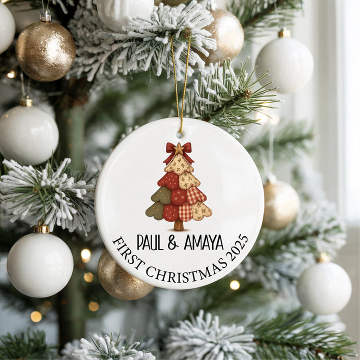 First Christmas Married Ornament 2025 – Personalized Couple Ornament, Rustic Patchwork Tree, Custom Name Holiday Keepsake