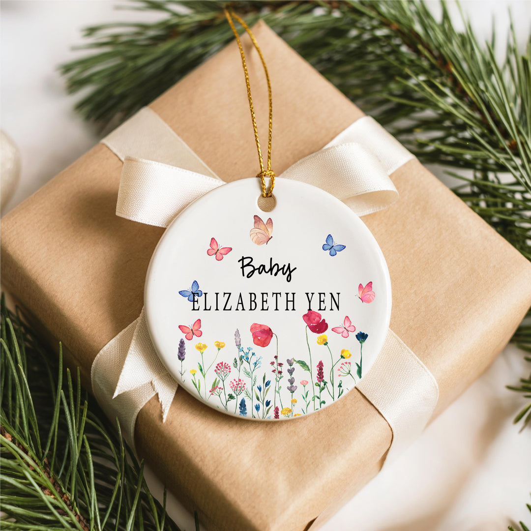 Personalized Baby Ornament – Custom Newborn Gift, Butterfly Floral Keepsake with Name, Baby Shower or First Christmas Ornament