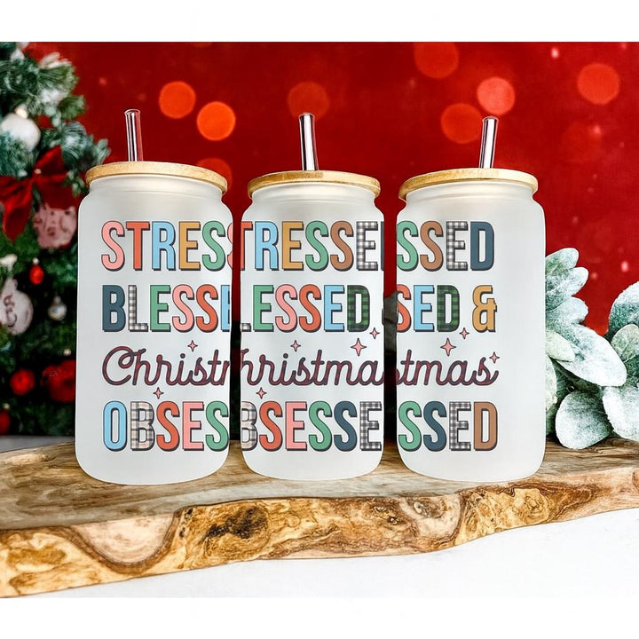 Stressed Blessed Christmas Obsessed Frosted Glass Can | Funny Holiday Iced Coffee Cup | Cute Xmas Gift for Women or Coworkers