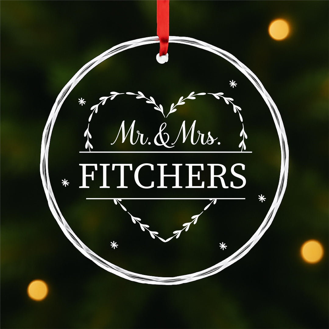 Personalized Mr. &amp; Mrs. Glass Ornament | Laser Engraved Wedding Keepsake