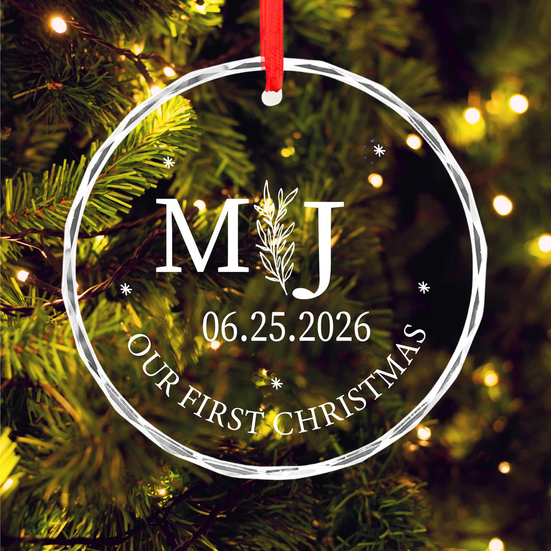 Custom Wedding or Anniversary Keepsake 2025 Our First Christmas Glass Ornament | Personalized Laser Engraved Couple Gift