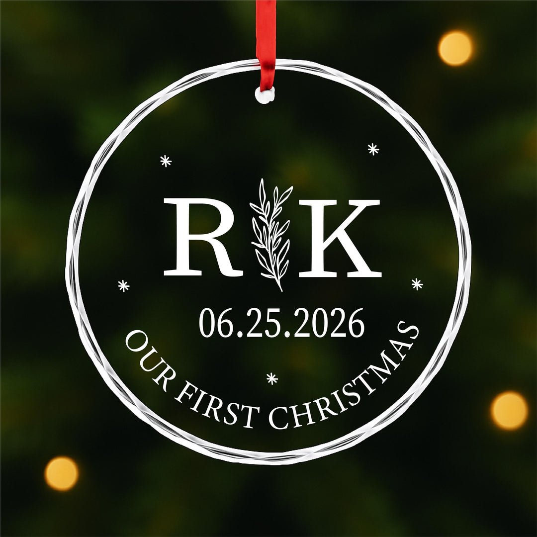 Custom Wedding or Anniversary Keepsake 2025 Our First Christmas Glass Ornament | Personalized Laser Engraved Couple Gift