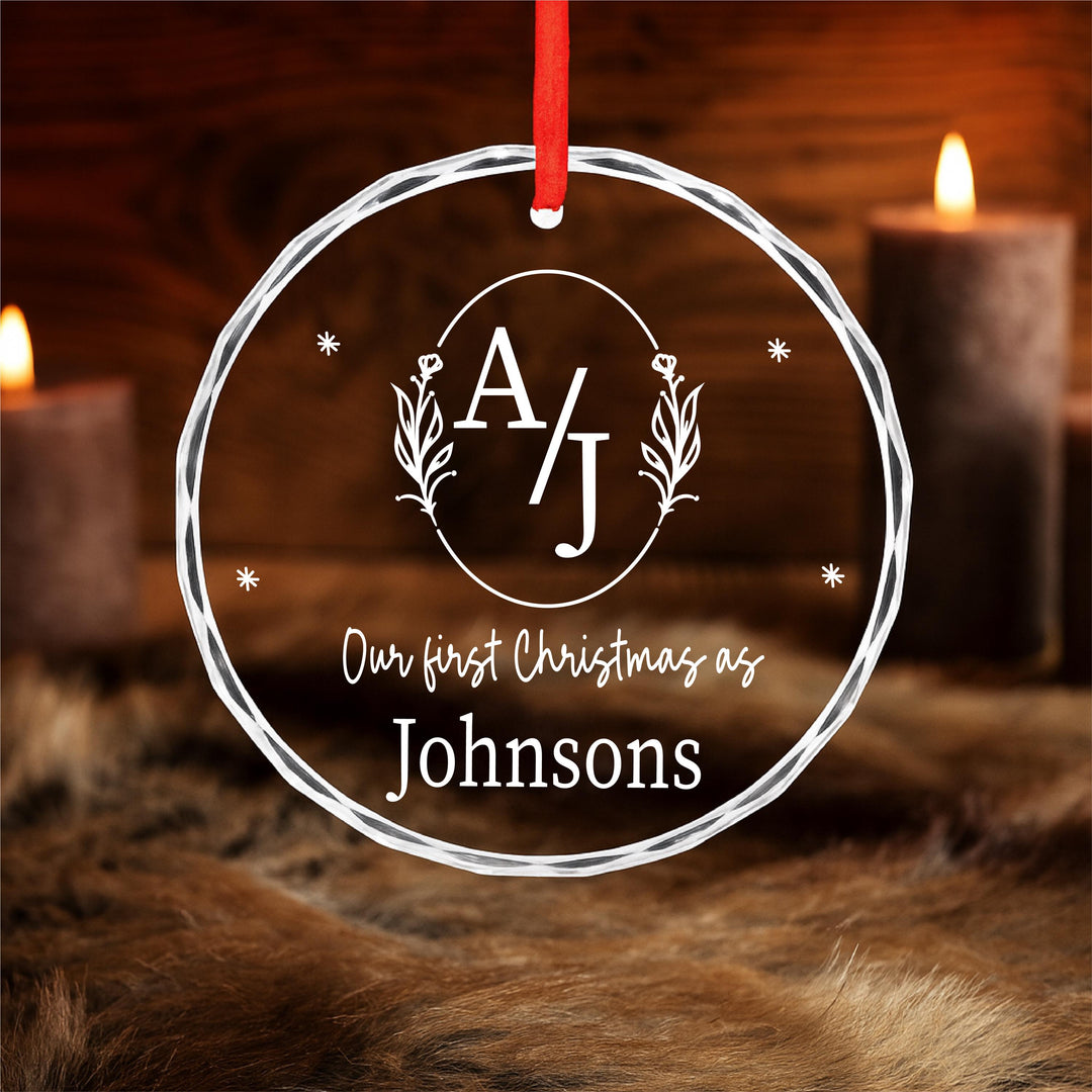 Personalized First Christmas Ornament – Engraved Glass Newlywed Couple Gift