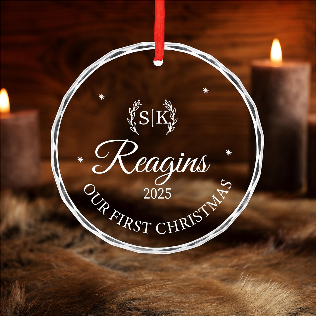 Family Name Glass Ornament – Personalized 'Our First Christmas' Keepsake