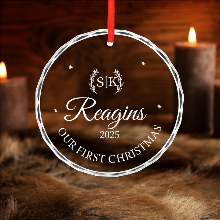 Family Name Glass Ornament – Personalized 'Our First Christmas' Keepsake