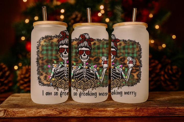 Funny Skeleton Christmas Glass Can, I Am So Freaking Merry Frosted Tumbler, Holiday Leopard Plaid Cup with Bamboo Lid