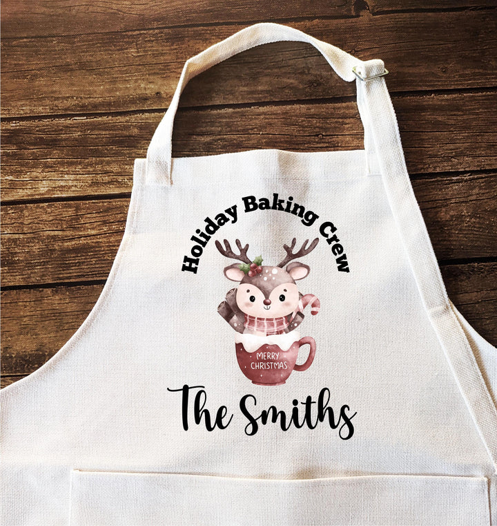 Personalized Christmas Apron – “Holiday Baking Crew” Custom Name Apron with Cute Reindeer Design, Family or Kids Holiday Baking Gift