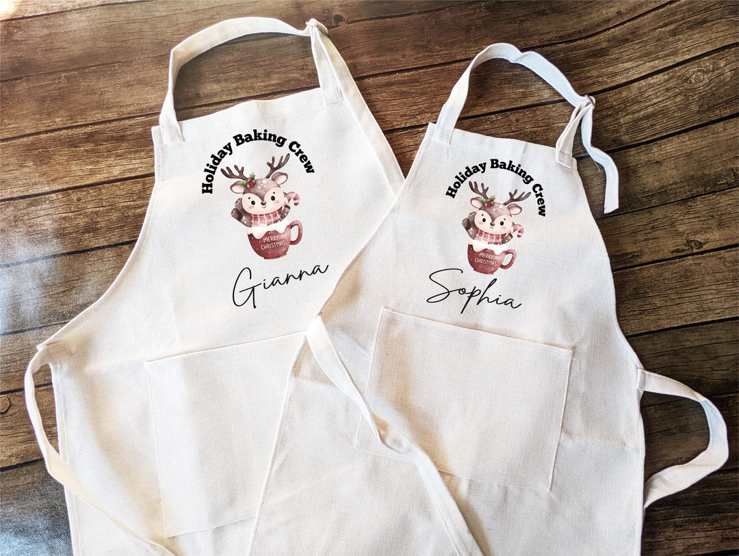 Personalized Christmas Apron – “Holiday Baking Crew” Custom Name Apron with Cute Reindeer Design, Family or Kids Holiday Baking Gift